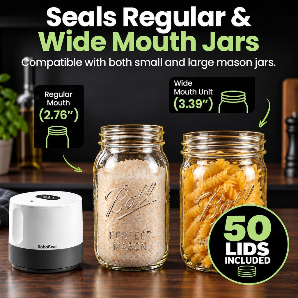 Roboseal Electric Mason Jar Vacuum Sealer Kit with 50 Lids, Jar Opener