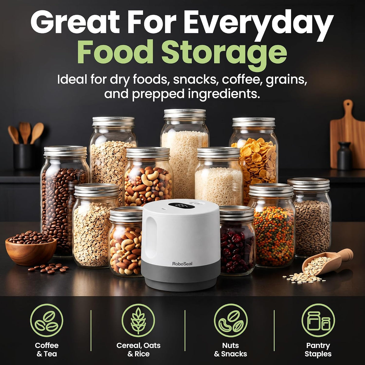 Roboseal Electric Mason Jar Vacuum Sealer Kit with 50 Lids, Jar Opener