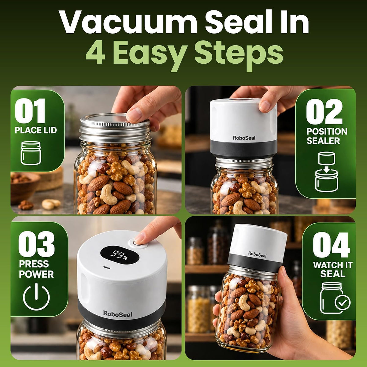 Roboseal Electric Mason Jar Vacuum Sealer Kit with 50 Lids, Jar Opener